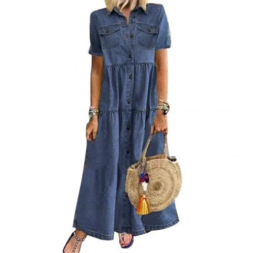 Plus Size 3xl Women Summer Denim Dress Retro Women Short Sleeve Turn Down Collar Pockets Button Long Loose Denim Dress