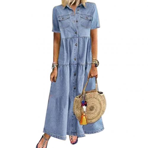 Plus Size 3xl Women Summer Denim Dress Retro Women Short Sleeve Turn Down Collar Pockets Button Long Loose Denim Dress