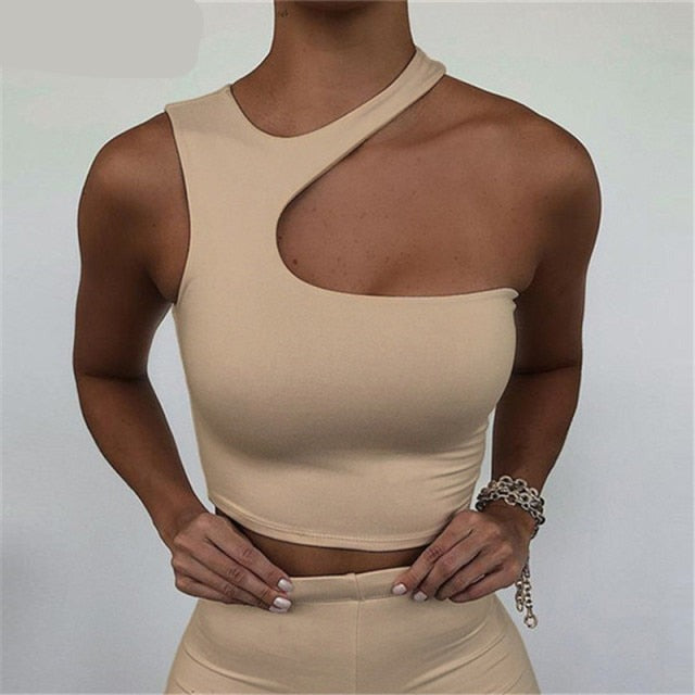 Hnewly Cut Out Sexy Crop Off Shoulder Solid 2021 Skinny Sport Short Tops Women Tank Irregular Summer Tube Tops