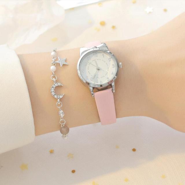 Cute Watch For Girls Cat Pattern Kids Wristwatch Children Leather Quartz Watches Moon Star Bracelet Set Pink Gift Sales relojes