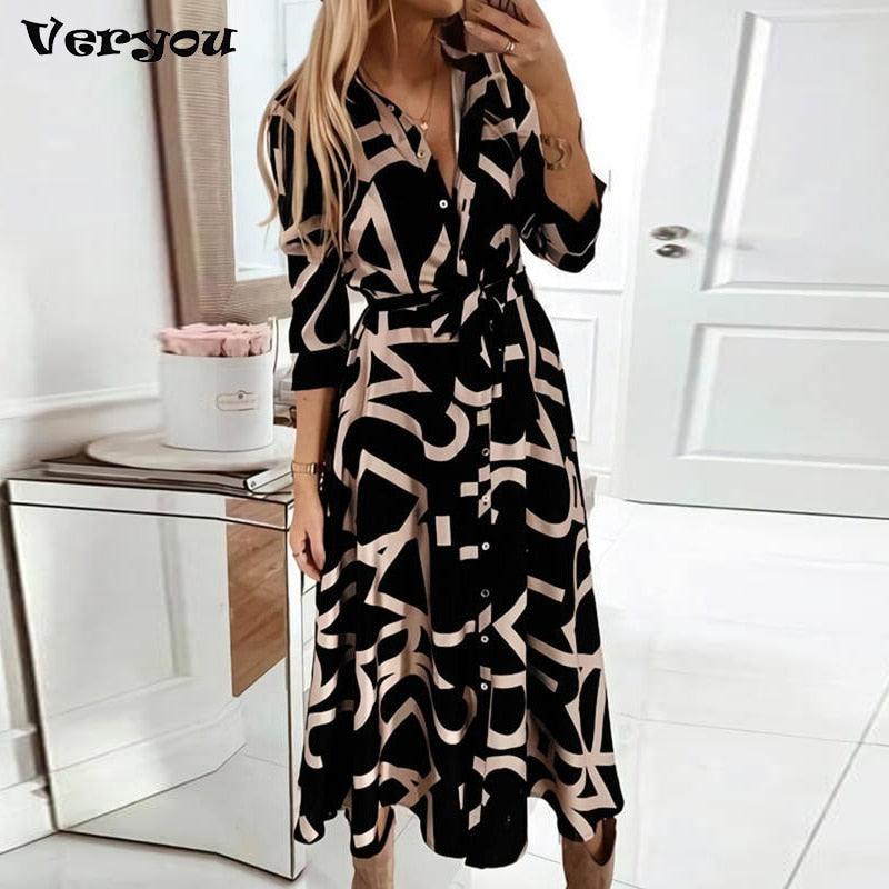 2021 Autumn Elegant Shirt Dress Women Button Long Sleeve Tunic Midi Dress Ladies Office V Neck Print Party Dresses For Women