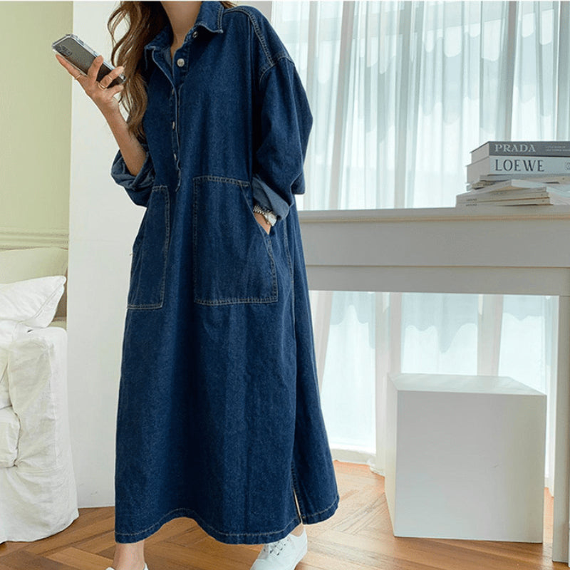 Elizabath Women&#39;s Spring Autumn Casual Denim Shirt Dress Lady Long Sleeve Midi Jeans Vestidos Female Fashion Loose Outerwear Clothings