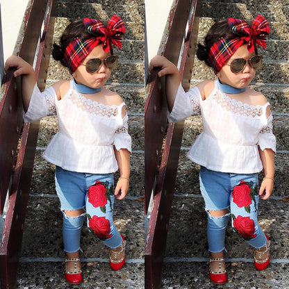 Newest Toddler Kids Girls Lace Tops Shirt Flower Jeans Denim Pants Outfits Set