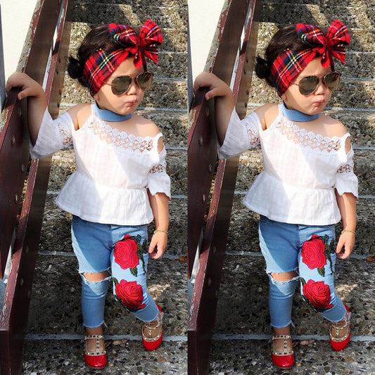 Newest Toddler Kids Girls Lace Tops Shirt Flower Jeans Denim Pants Outfits Set